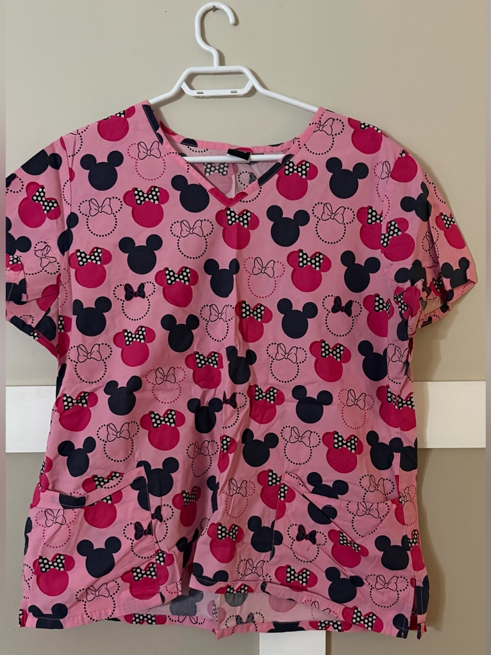 Pink Minnie Mouse Print Scrub Top XL